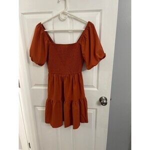 Square Neck Puff Sleeve Shirred Dress Rust Brown Size XS New Without Tags
